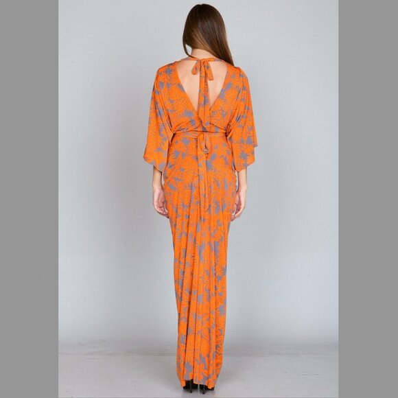 Anthropolgie S Orange Tropical Femme Print Maxi Long Wrap Flutter Kimono Dress - Picture 12 of 16